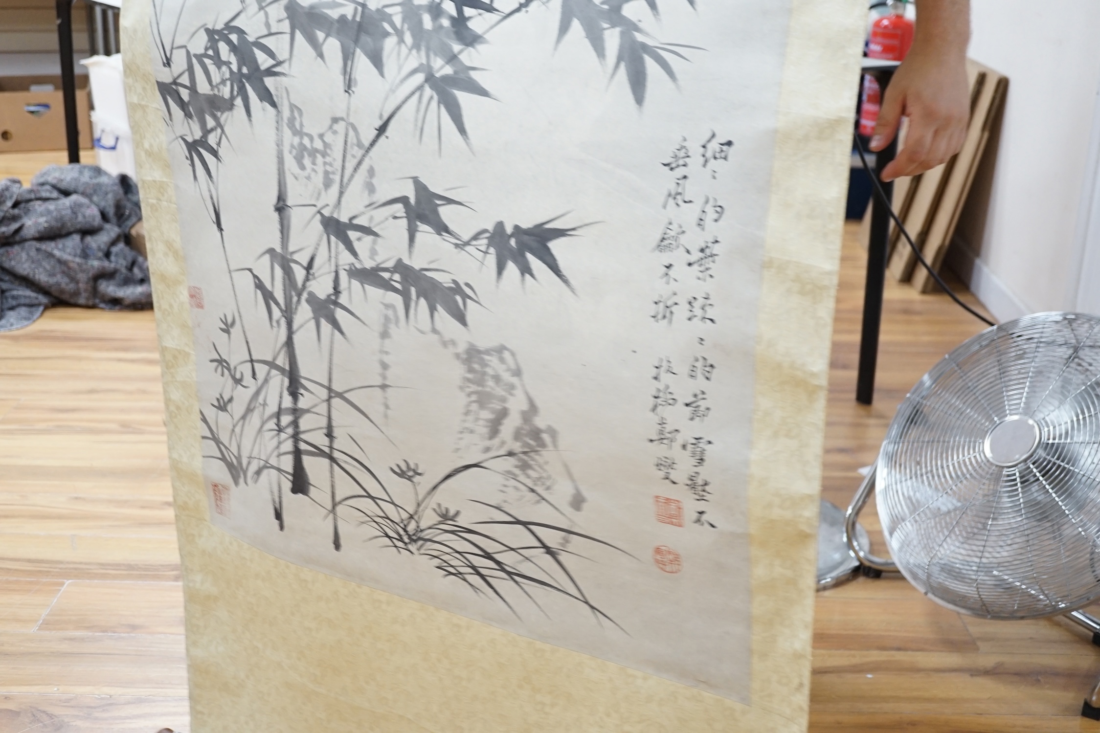 A Chinese printed scroll picture, depicting bamboo groves, 105 x 67cm. Condition - fair